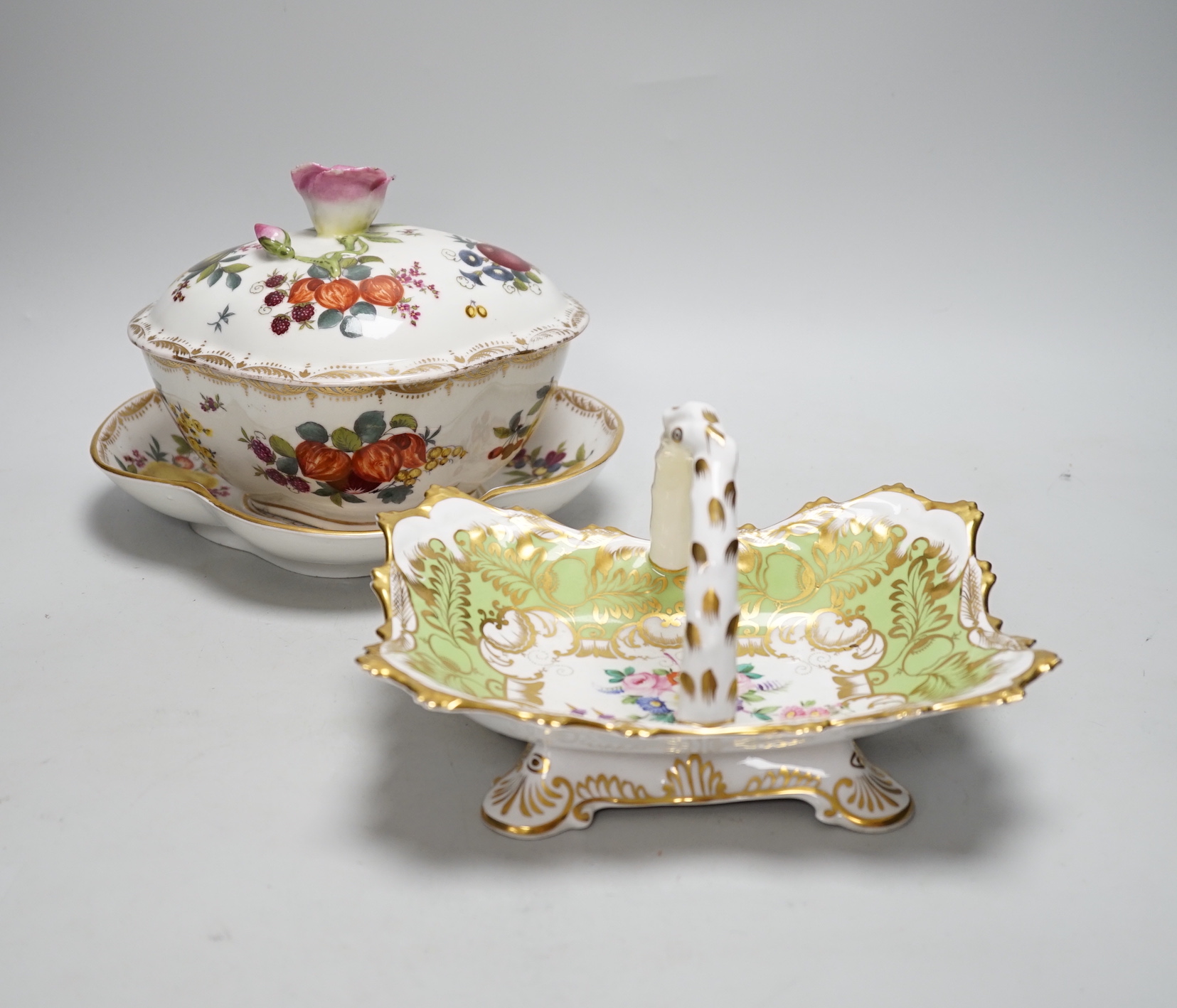 A Helena Wolfsohn Dresden tureen, cover and stand together with a floral porcelain basket (2), largest 21cm wide